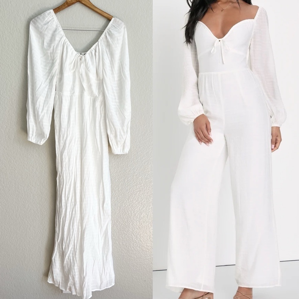 Effortlessly Adored White Balloon Sleeve Wide-Leg Jumpsuit